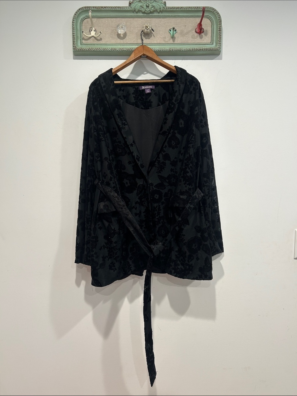 Roaman's Black Velvet Floral Blazer with Waist Tie